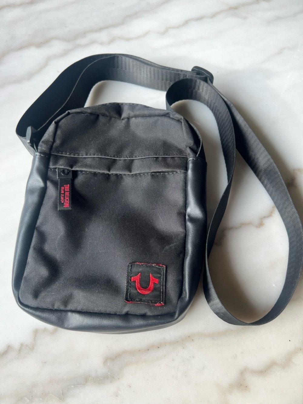 True Religion Black Messenger Bag with Red Logo